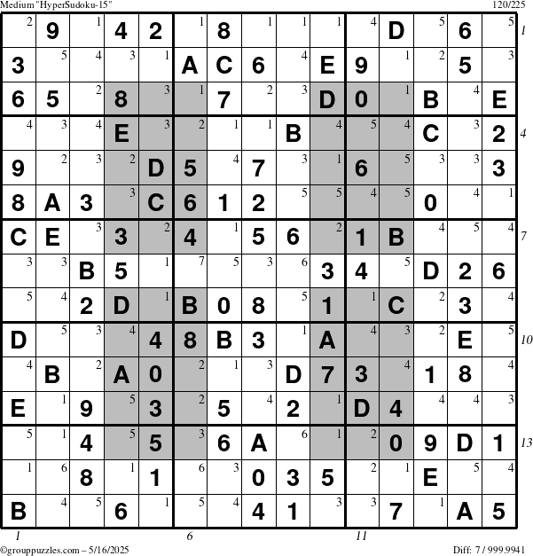 The grouppuzzles.com Medium HyperSudoku-15 puzzle for Friday May 16, 2025 with all 7 steps marked
