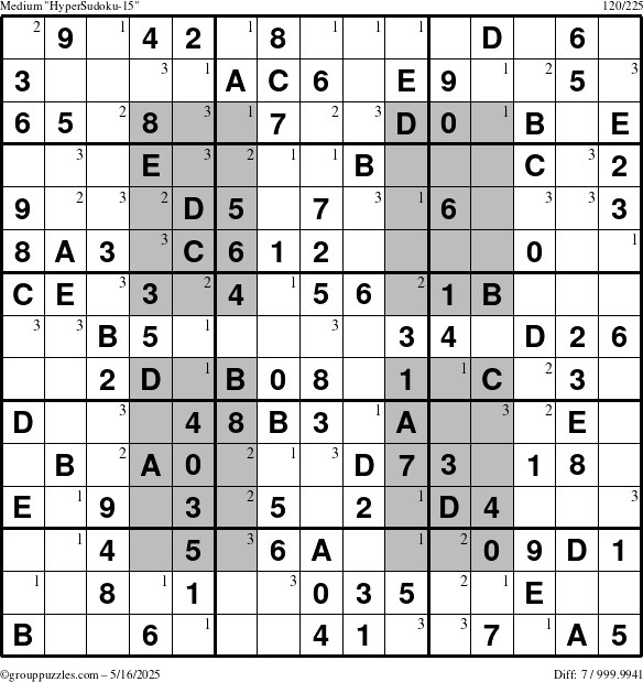 The grouppuzzles.com Medium HyperSudoku-15 puzzle for Friday May 16, 2025 with the first 3 steps marked