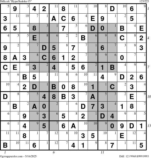 The grouppuzzles.com Difficult HyperSudoku-15 puzzle for Friday May 16, 2025 with all 12 steps marked