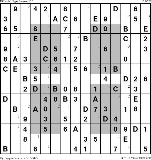 The grouppuzzles.com Difficult HyperSudoku-15 puzzle for Friday May 16, 2025 with the first 3 steps marked