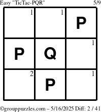 The grouppuzzles.com Easy TicTac-PQR puzzle for Friday May 16, 2025 with the first 2 steps marked