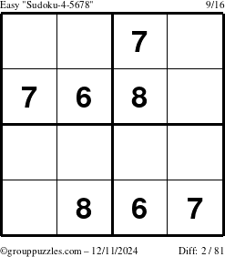 The grouppuzzles.com Easy Sudoku-4-5678 puzzle for Wednesday December 11, 2024