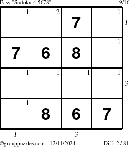 The grouppuzzles.com Easy Sudoku-4-5678 puzzle for Wednesday December 11, 2024 with all 2 steps marked