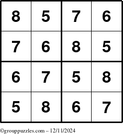 The grouppuzzles.com Answer grid for the Sudoku-4-5678 puzzle for Wednesday December 11, 2024