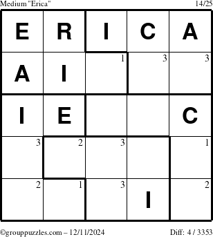 The grouppuzzles.com Medium Erica puzzle for Wednesday December 11, 2024 with the first 3 steps marked