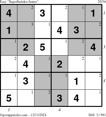 The grouppuzzles.com Easy SuperSudoku-Junior puzzle for Wednesday December 11, 2024, suitable for printing, with all 3 steps marked