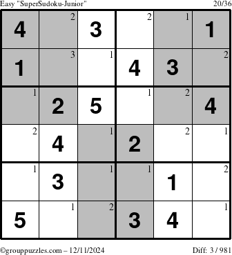 The grouppuzzles.com Easy SuperSudoku-Junior puzzle for Wednesday December 11, 2024 with the first 3 steps marked