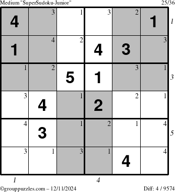 The grouppuzzles.com Medium SuperSudoku-Junior puzzle for Wednesday December 11, 2024 with all 4 steps marked