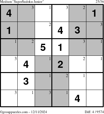 The grouppuzzles.com Medium SuperSudoku-Junior puzzle for Wednesday December 11, 2024 with the first 3 steps marked