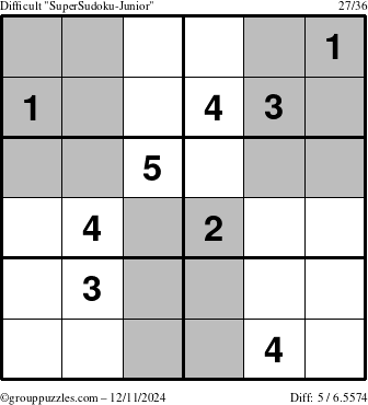 The grouppuzzles.com Difficult SuperSudoku-Junior puzzle for Wednesday December 11, 2024