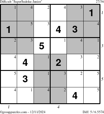 The grouppuzzles.com Difficult SuperSudoku-Junior puzzle for Wednesday December 11, 2024 with all 5 steps marked