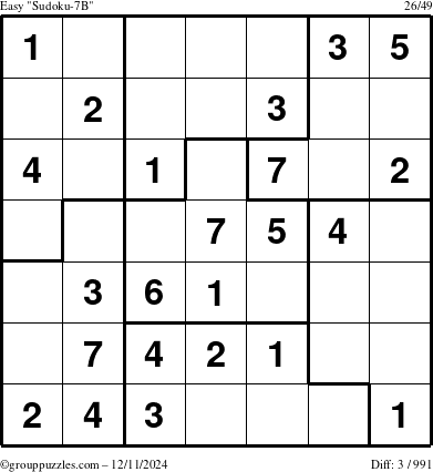 The grouppuzzles.com Easy Sudoku-7B puzzle for Wednesday December 11, 2024