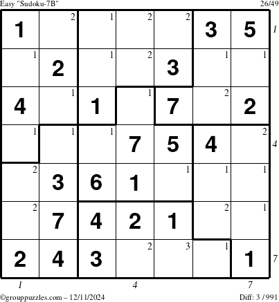 The grouppuzzles.com Easy Sudoku-7B puzzle for Wednesday December 11, 2024 with all 3 steps marked