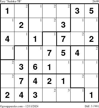 The grouppuzzles.com Easy Sudoku-7B puzzle for Wednesday December 11, 2024 with the first 3 steps marked