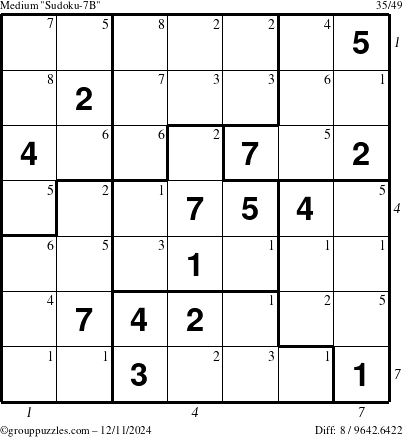 The grouppuzzles.com Medium Sudoku-7B puzzle for Wednesday December 11, 2024, suitable for printing, with all 8 steps marked