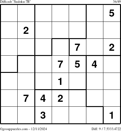 The grouppuzzles.com Difficult Sudoku-7B puzzle for Wednesday December 11, 2024