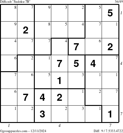 The grouppuzzles.com Difficult Sudoku-7B puzzle for Wednesday December 11, 2024 with all 9 steps marked