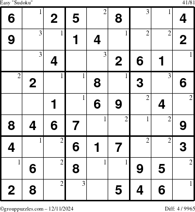 The grouppuzzles.com Easy Sudoku puzzle for Wednesday December 11, 2024 with the first 3 steps marked