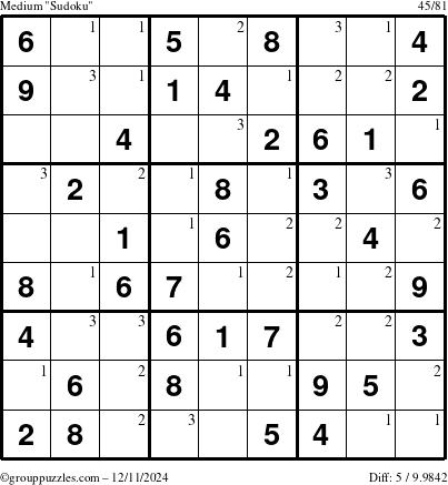 The grouppuzzles.com Medium Sudoku puzzle for Wednesday December 11, 2024 with the first 3 steps marked