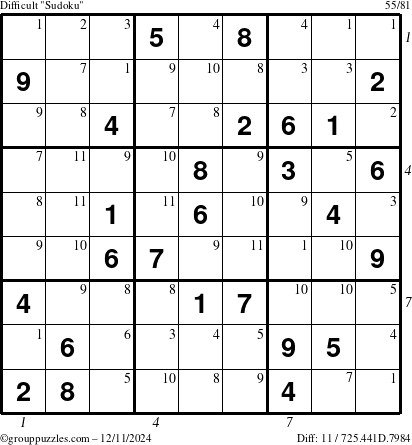 The grouppuzzles.com Difficult Sudoku puzzle for Wednesday December 11, 2024 with all 11 steps marked