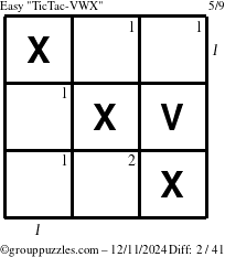 The grouppuzzles.com Easy TicTac-VWX puzzle for Wednesday December 11, 2024 with all 2 steps marked