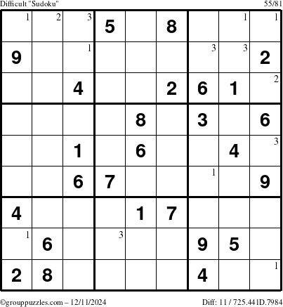 The grouppuzzles.com Difficult Sudoku puzzle for Wednesday December 11, 2024 with the first 3 steps marked