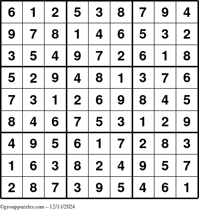 The grouppuzzles.com Answer grid for the Sudoku puzzle for Wednesday December 11, 2024