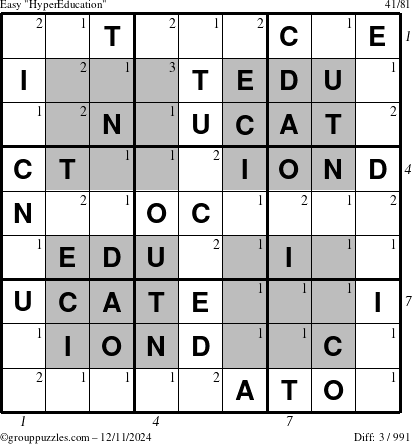 The grouppuzzles.com Easy HyperEducation-i23 puzzle for Wednesday December 11, 2024 with all 3 steps marked