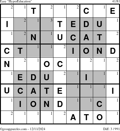 The grouppuzzles.com Easy HyperEducation-i23 puzzle for Wednesday December 11, 2024 with the first 3 steps marked