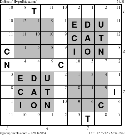 The grouppuzzles.com Difficult HyperEducation-i23 puzzle for Wednesday December 11, 2024, suitable for printing, with all 12 steps marked