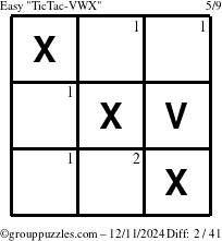 The grouppuzzles.com Easy TicTac-VWX puzzle for Wednesday December 11, 2024 with the first 2 steps marked