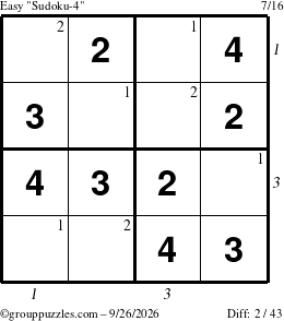 The grouppuzzles.com Easy Sudoku-4 puzzle for Saturday September 26, 2026, suitable for printing, with all 2 steps marked