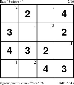 The grouppuzzles.com Easy Sudoku-4 puzzle for Saturday September 26, 2026 with the first 2 steps marked