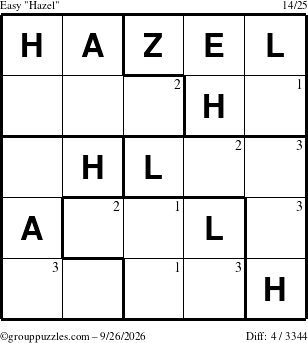 The grouppuzzles.com Easy Hazel puzzle for Saturday September 26, 2026 with the first 3 steps marked