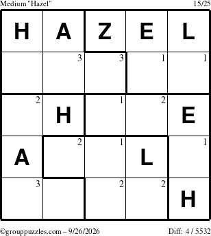 The grouppuzzles.com Medium Hazel puzzle for Saturday September 26, 2026 with the first 3 steps marked