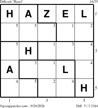 The grouppuzzles.com Difficult Hazel puzzle for Saturday September 26, 2026, suitable for printing, with all 5 steps marked