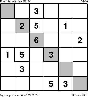 The grouppuzzles.com Easy Sudoku-6up-UR-D puzzle for Saturday September 26, 2026