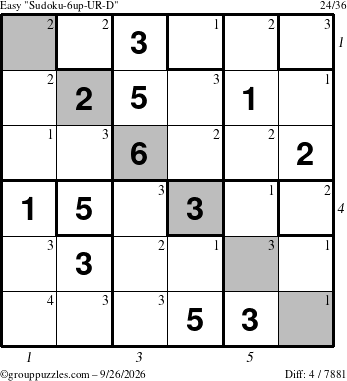 The grouppuzzles.com Easy Sudoku-6up-UR-D puzzle for Saturday September 26, 2026 with all 4 steps marked