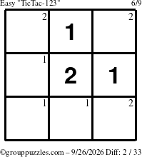 The grouppuzzles.com Easy TicTac-123 puzzle for Saturday September 26, 2026 with the first 2 steps marked