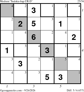 The grouppuzzles.com Medium Sudoku-6up-UR-D puzzle for Saturday September 26, 2026, suitable for printing, with all 5 steps marked