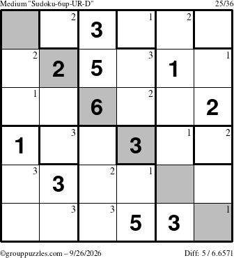 The grouppuzzles.com Medium Sudoku-6up-UR-D puzzle for Saturday September 26, 2026 with the first 3 steps marked