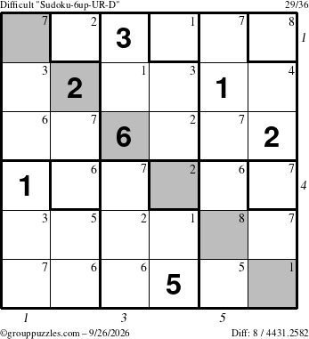 The grouppuzzles.com Difficult Sudoku-6up-UR-D puzzle for Saturday September 26, 2026, suitable for printing, with all 8 steps marked