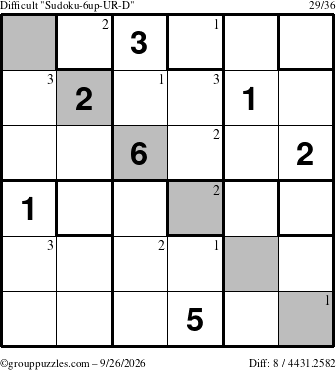 The grouppuzzles.com Difficult Sudoku-6up-UR-D puzzle for Saturday September 26, 2026 with the first 3 steps marked