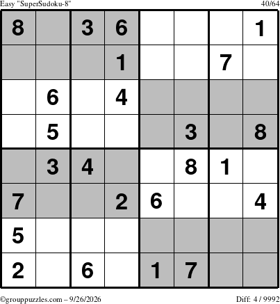 The grouppuzzles.com Easy SuperSudoku-8 puzzle for Saturday September 26, 2026