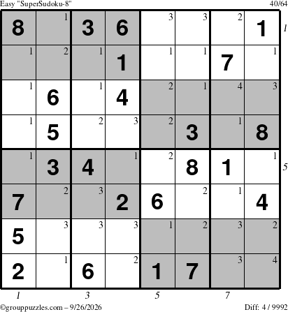 The grouppuzzles.com Easy SuperSudoku-8 puzzle for Saturday September 26, 2026 with all 4 steps marked