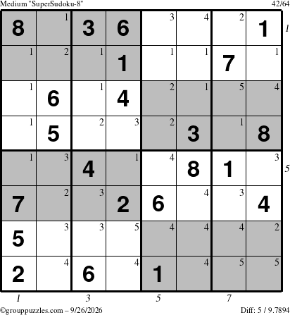 The grouppuzzles.com Medium SuperSudoku-8 puzzle for Saturday September 26, 2026 with all 5 steps marked