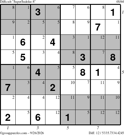 The grouppuzzles.com Difficult SuperSudoku-8 puzzle for Saturday September 26, 2026, suitable for printing, with all 12 steps marked