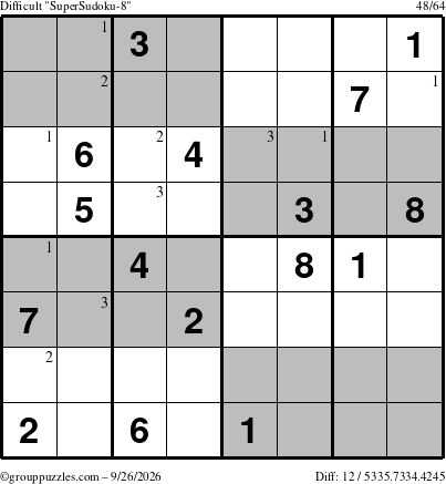 The grouppuzzles.com Difficult SuperSudoku-8 puzzle for Saturday September 26, 2026 with the first 3 steps marked