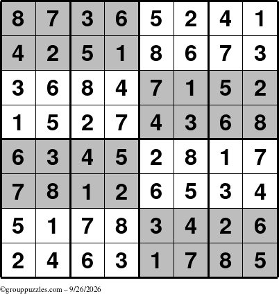 The grouppuzzles.com Answer grid for the SuperSudoku-8 puzzle for Saturday September 26, 2026