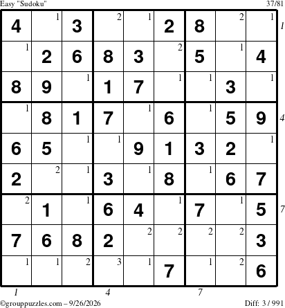 The grouppuzzles.com Easy Sudoku puzzle for Saturday September 26, 2026 with all 3 steps marked